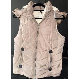 Green Tea Hooded Khaki Puffer Vest Womens M Ivory Faux Fur Trim Zip Up Casual